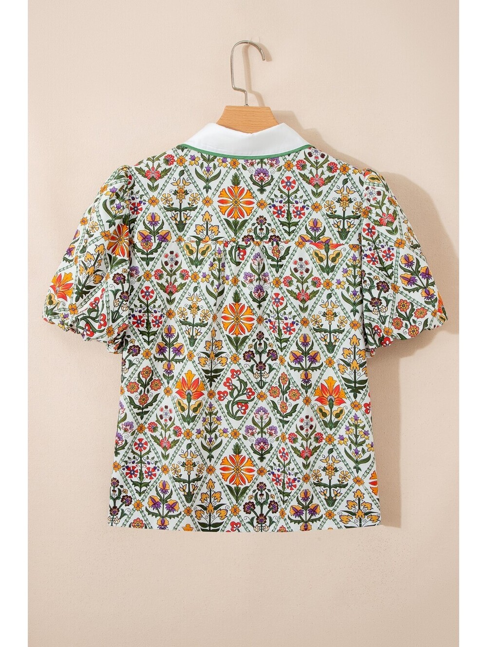 Vintage Style Floral Pattern Button-Up Shirt with Puff Sleeves - Picture 5 of 8